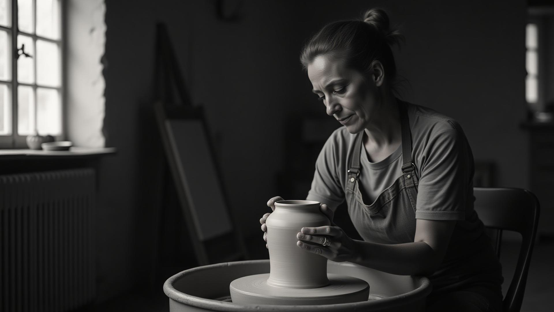 Artisan looking thoughtfully at a piece of intricate pottery, evoking dedication and mastery.