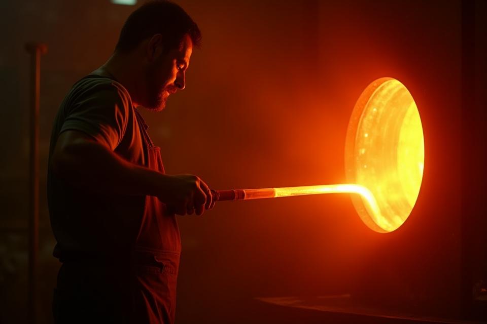 Molten glass being worked in front of a furnace by a glassblower