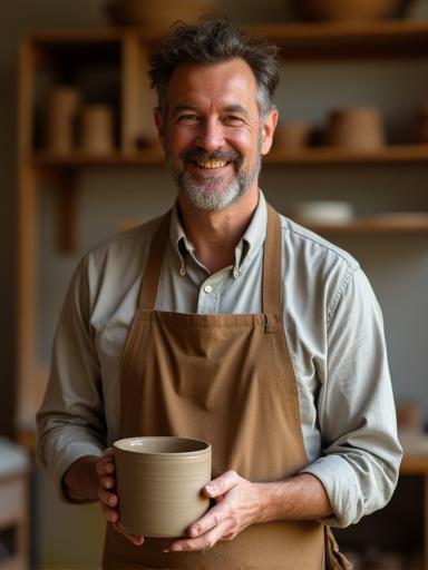 Portrait of Elias Thorne, Cast & Clay's lead artisan, with pottery tools.