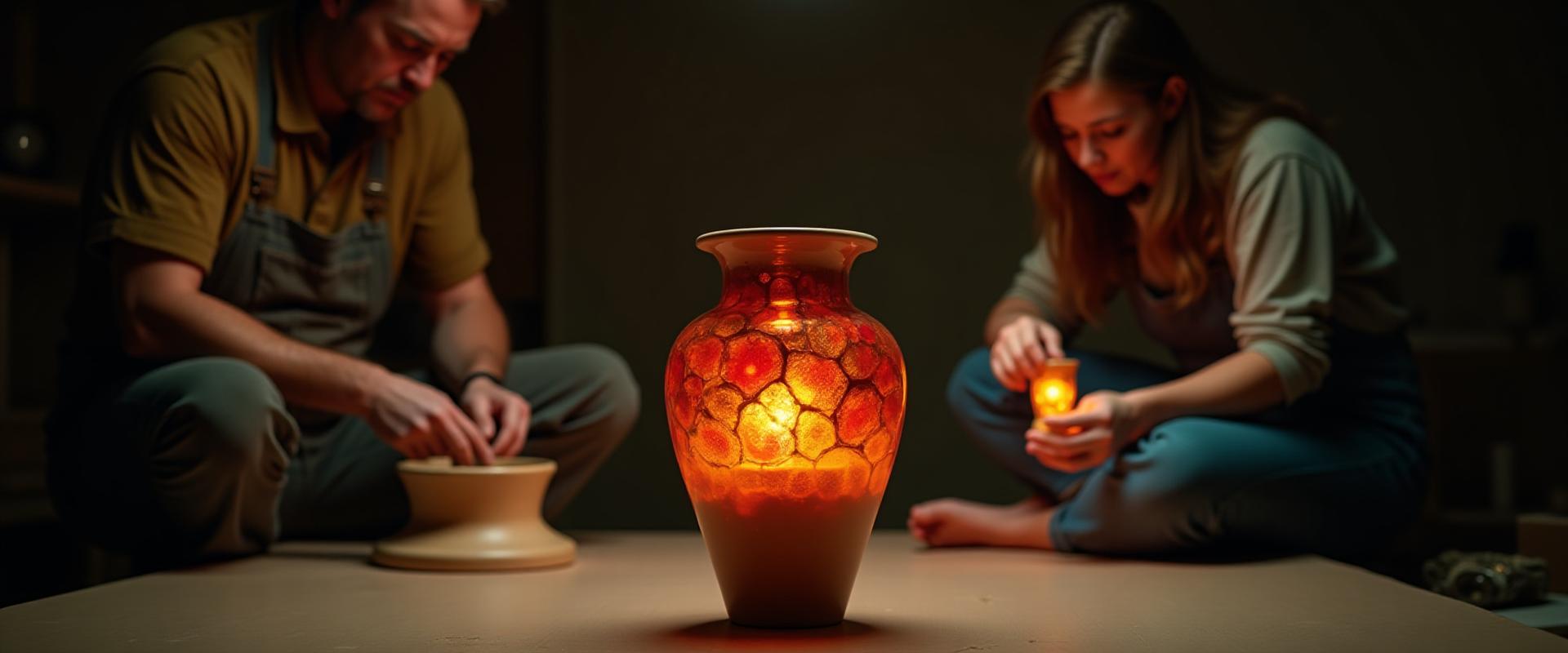 Cast & Clay artisan and guest artist collaborating on a unique pottery and glass piece, light streaming through the glass.