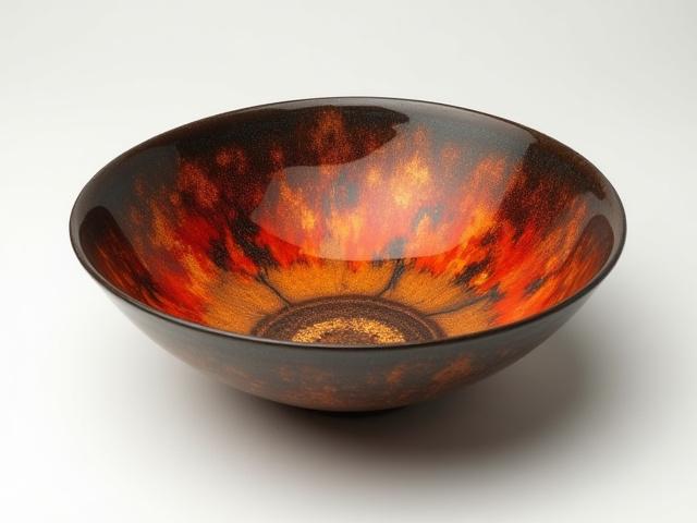 Wide ceramic serving bowl featuring swirling fiery red and deep gray glass patterns, 'Prairie Fire' series.