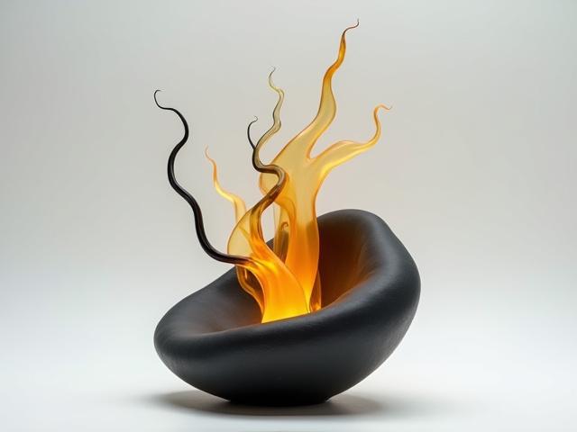 Small glass and ceramic sculptural piece, abstract, with glowing amber and black tones, 'Prairie Fire' series.