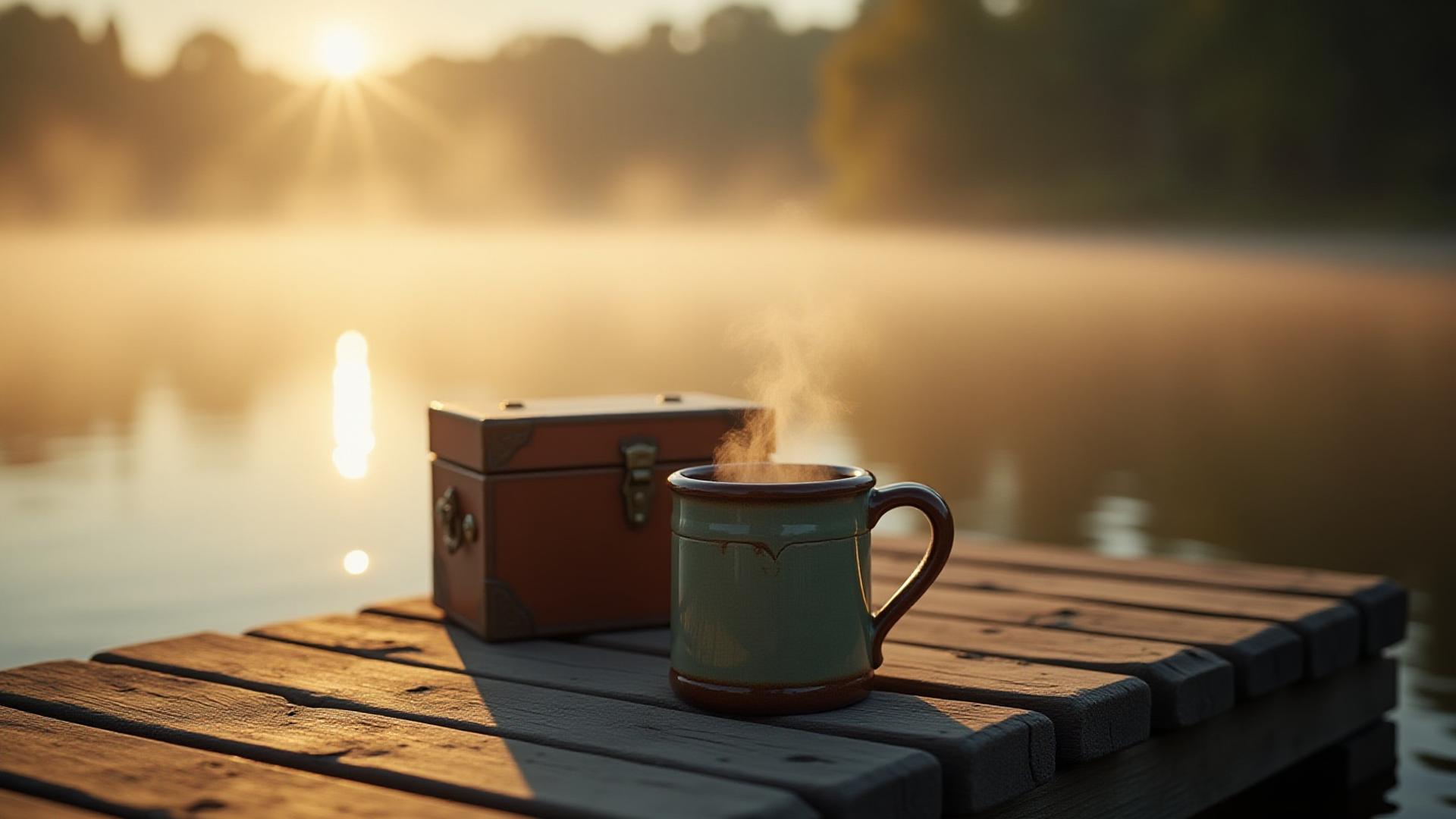 A Cast & Clay ceramic fishing mug steaming on a weathered wooden dock at sunrise, mist rising from calm water, next to a vintage tackle box.