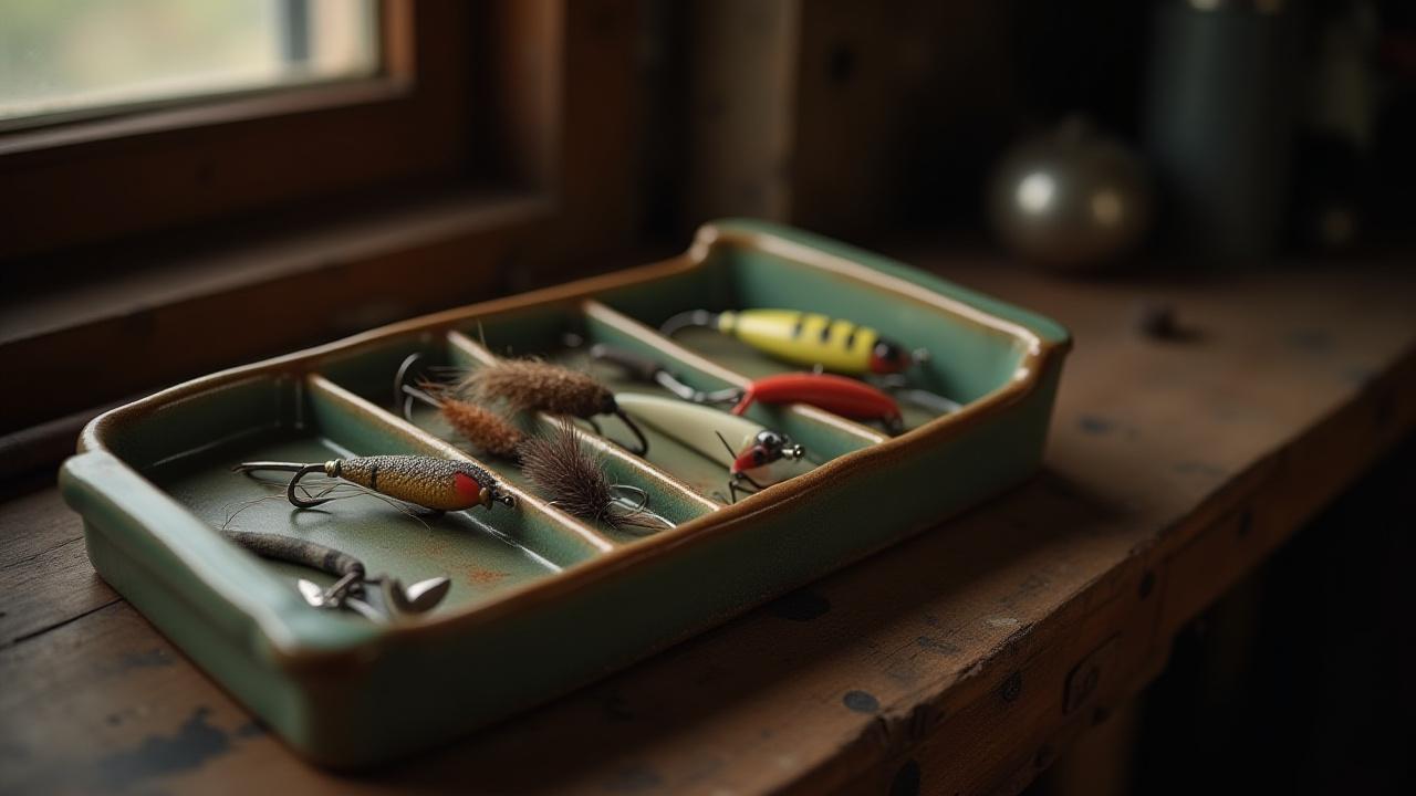 Beautifully crafted ceramic tackle organizer sitting on a rustic wooden workbench, with antique fishing lures neatly arranged within its compartments.