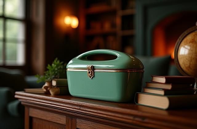 Ceramic tackle organizer displayed tastefully on a rich wooden shelf in a cozy den or office, blending with books and other decorative items.