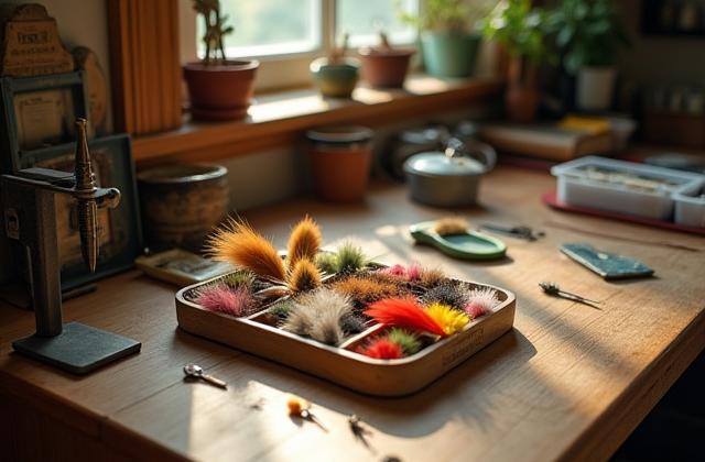 Ceramic tackle organizer on a well-organized fly-tying desk, surrounded by colorful threads, feathers, and delicate tools. Warm, inviting light.