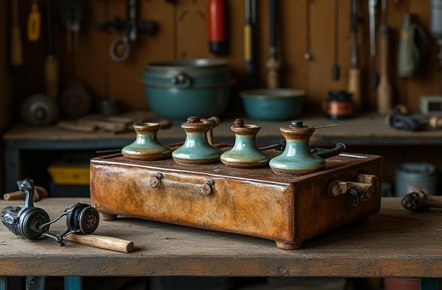 Robust ceramic tackle organizer sitting on a rugged garage workbench, alongside fishing rods, reels, and other gear, during preparation for a trip.