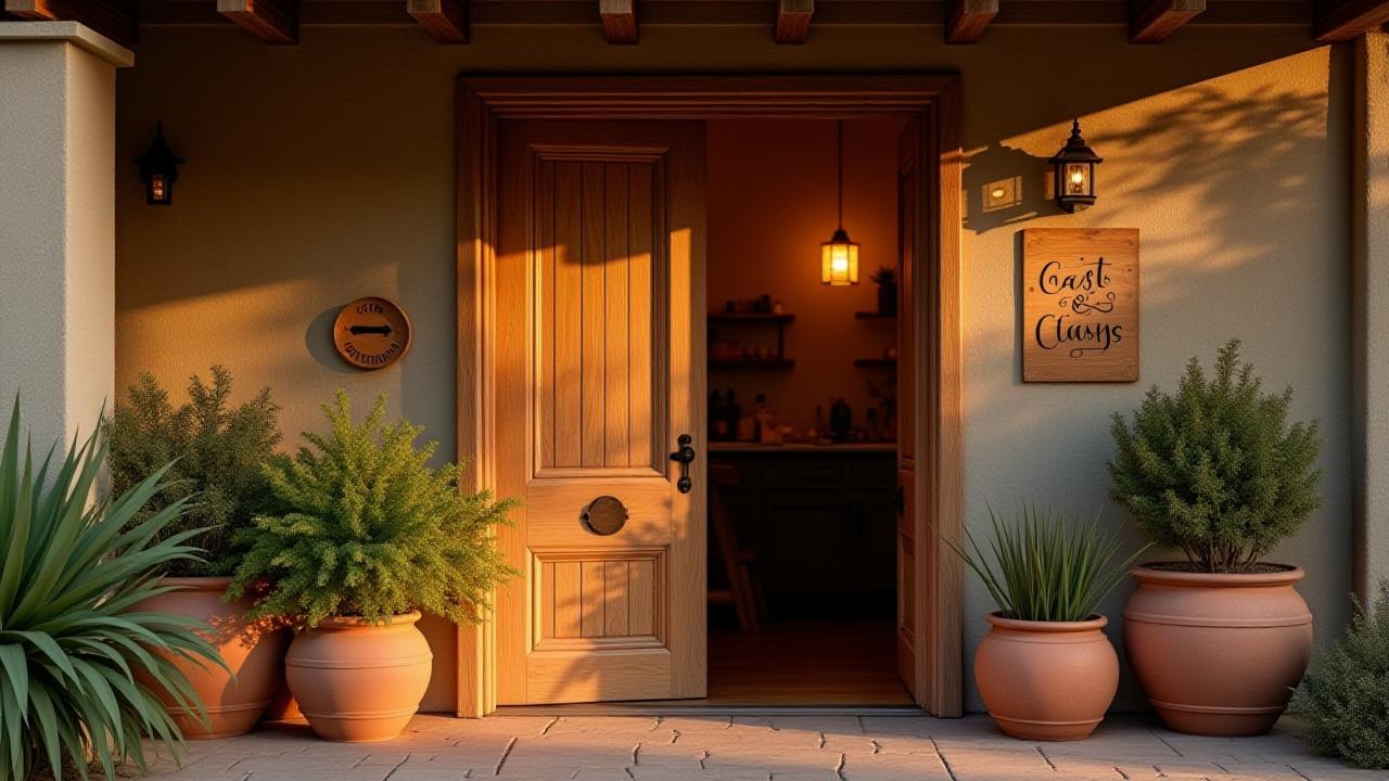 Welcoming entrance to the Cast & Clay studio, warm light emanating from within.