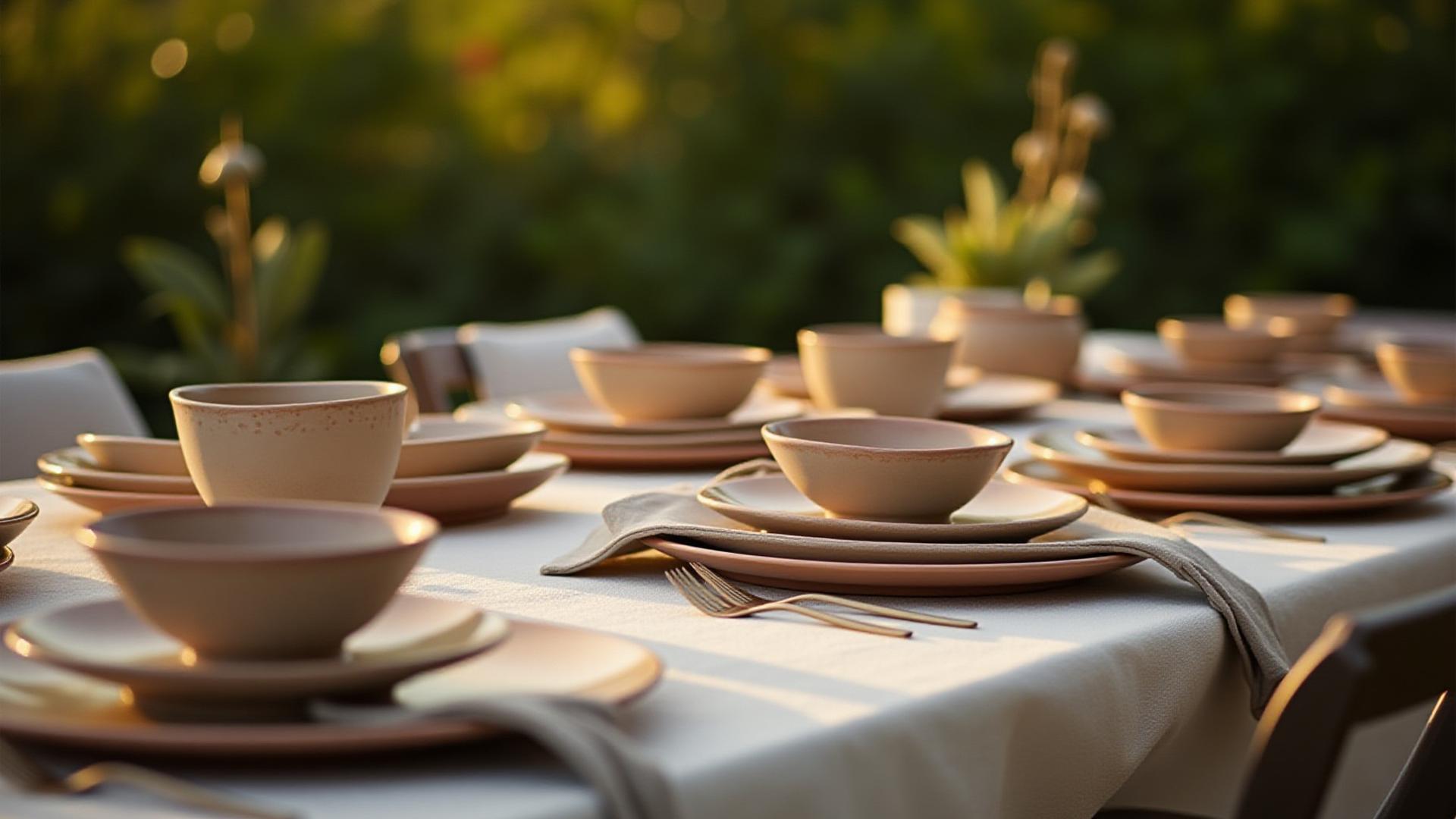 An elegantly set outdoor dining table featuring various custom-glazed ceramic plates, bowls, and serving dishes under natural light