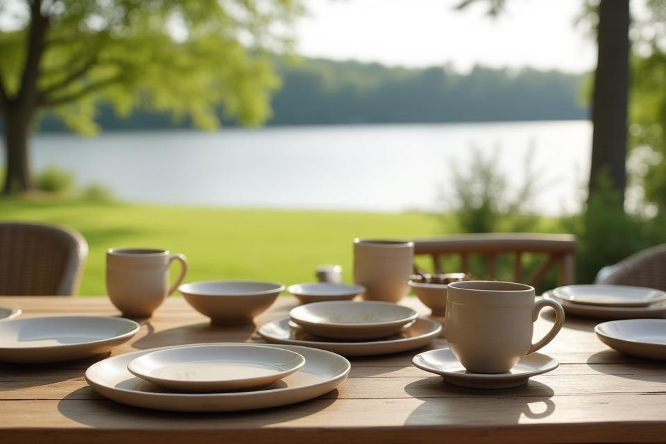 A tranquil lakeside residence patio adorned with a full set of Cast & Clay custom outdoor dinnerware, perfectly matching the natural surroundings