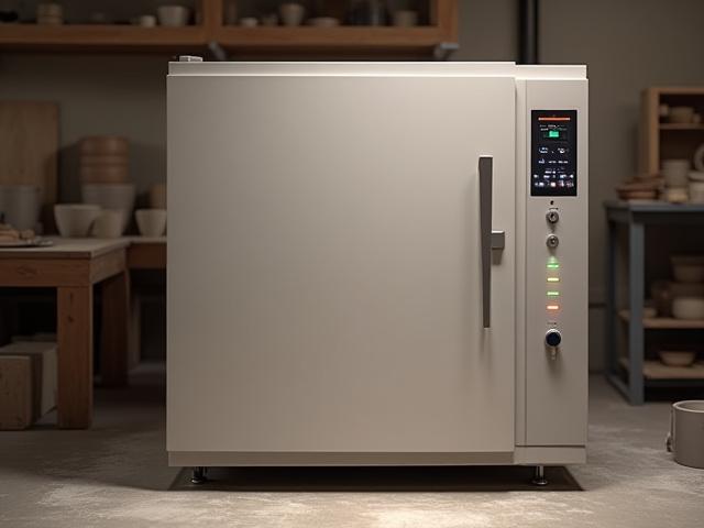 A modern, high-efficiency ceramic kiln with digital controls, in a clean studio environment.