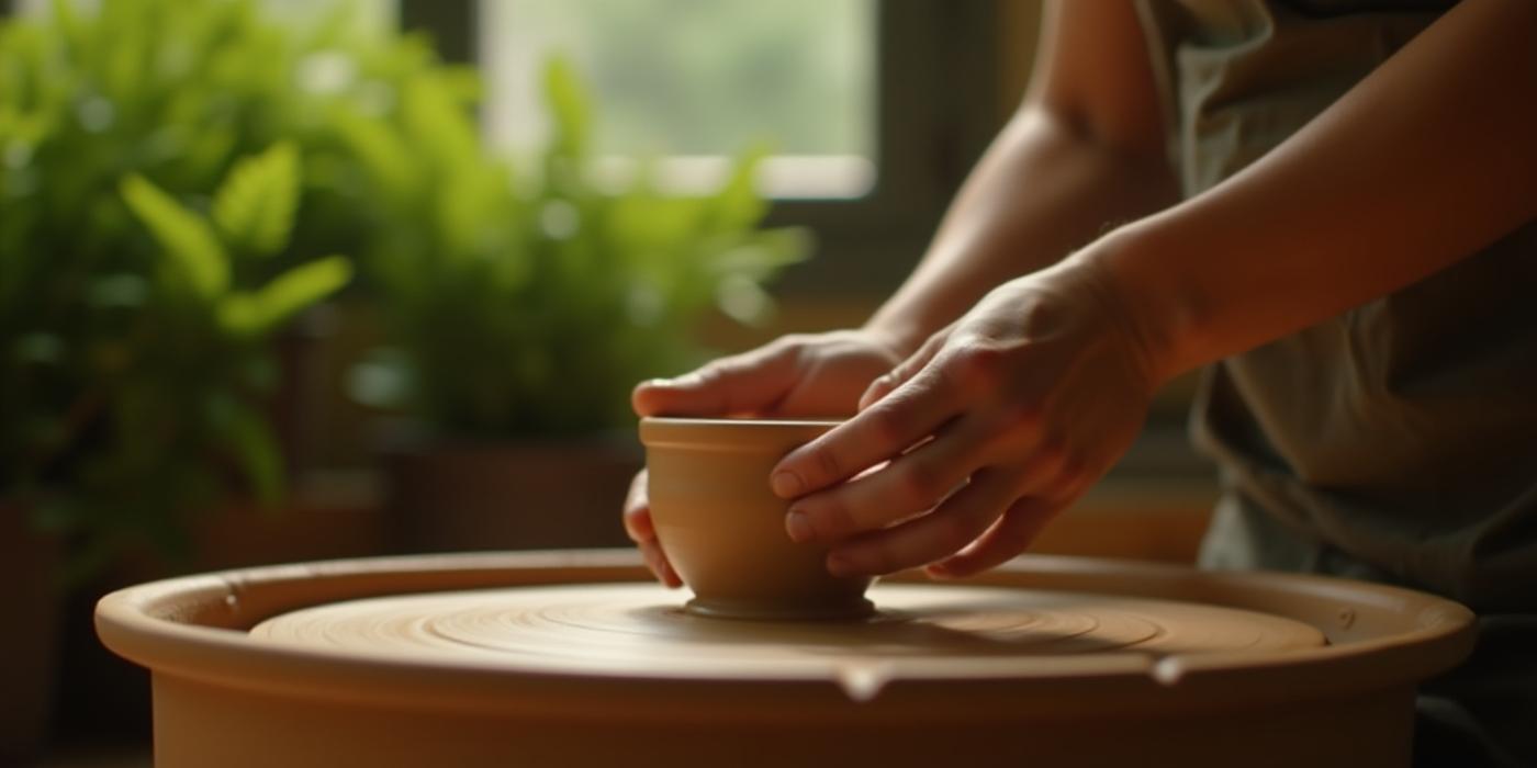 Hands working with natural, wet clay, with lush green plants in the background of a sunlit studio.