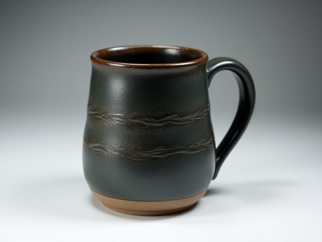 Large ceramic mug with a textured bass fishing motif, comfortable handle.