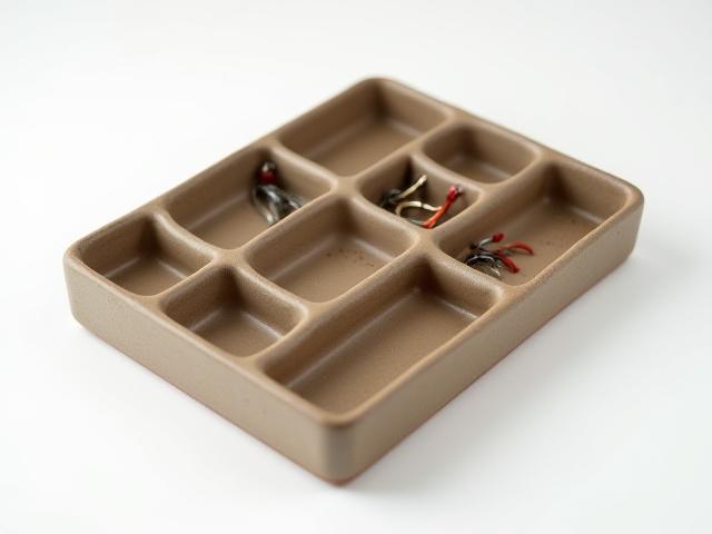 Bespoke ceramic tackle organizer with multiple compartments, in earthy glazed tones.