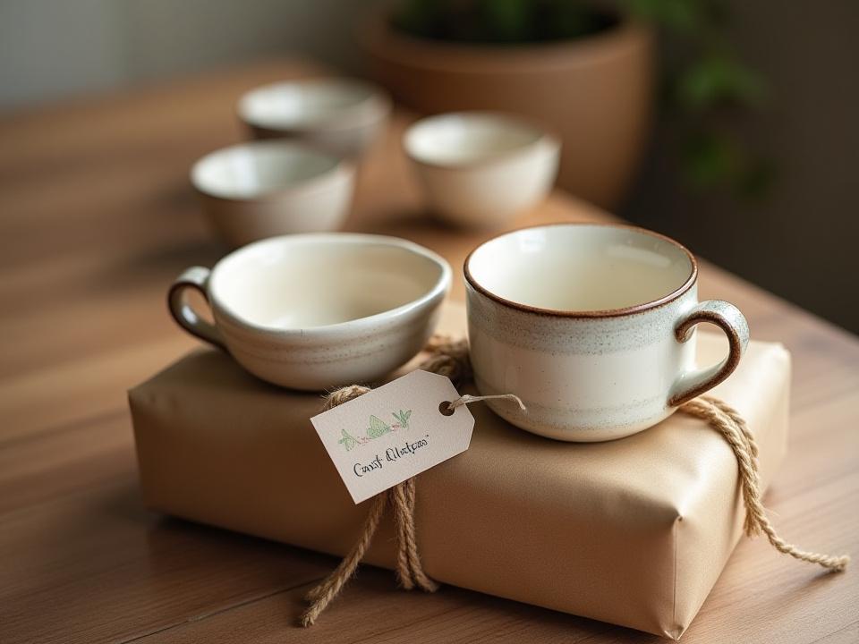 A beautifully gift-wrapped Cast & Clay ceramic fishing mug and bowl set with natural twine and a personalized tag.