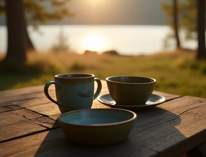 Matching ceramic mug and bowl set with a dark, serene lakeside glaze.
