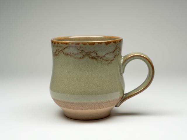 Hand-thrown ceramic mug with a subtle trout scale pattern glaze in earthy tones.