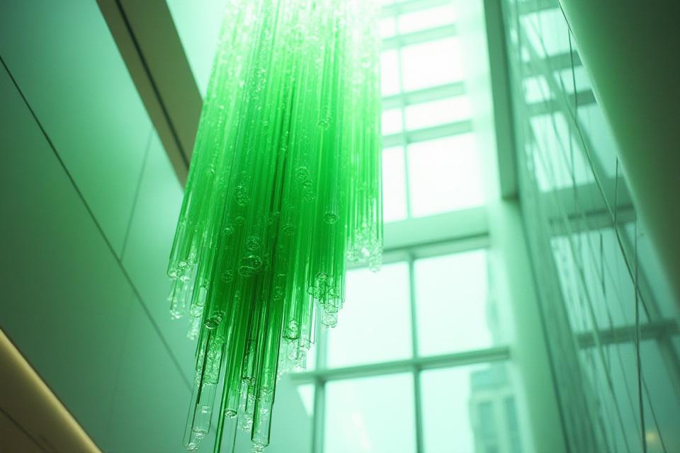 Multi-story hanging glass art installation in a corporate atrium, resembling a cascading waterfall with varied hues of green and blue glass elements.