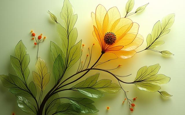 Intricate green and amber glass leaves and floral elements arranged to suggest botanical growth on a wall.