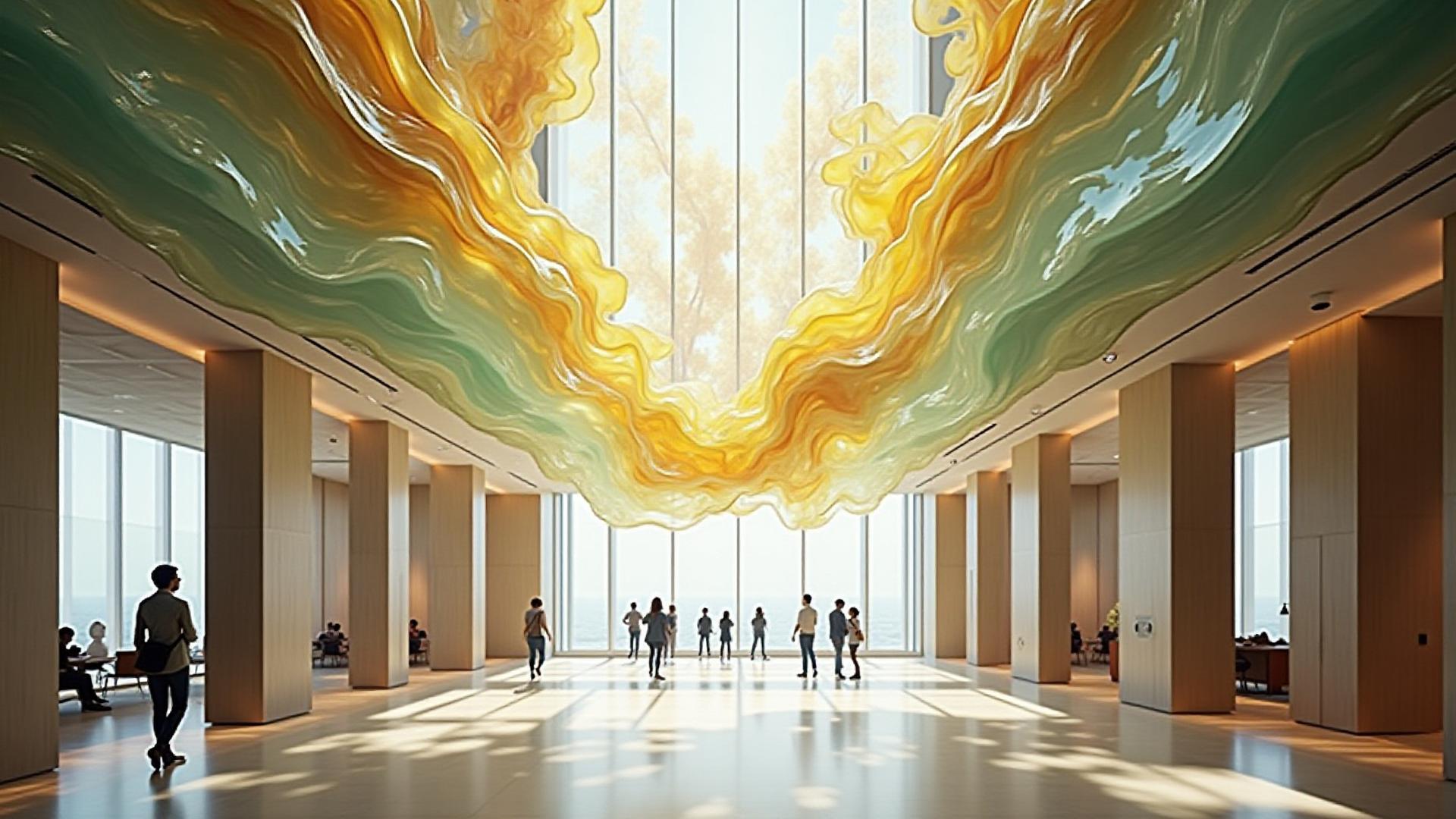 Stunning large-scale glass installation featuring dynamic, organic forms inspired by nature, shimmering with light within a modern building lobby.