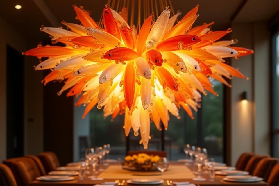 Custom glass chandelier over a dining table, composed of dozens of individual hand-blown glass fish in shades of orange, white, and gold, mimicking a lively koi pond.