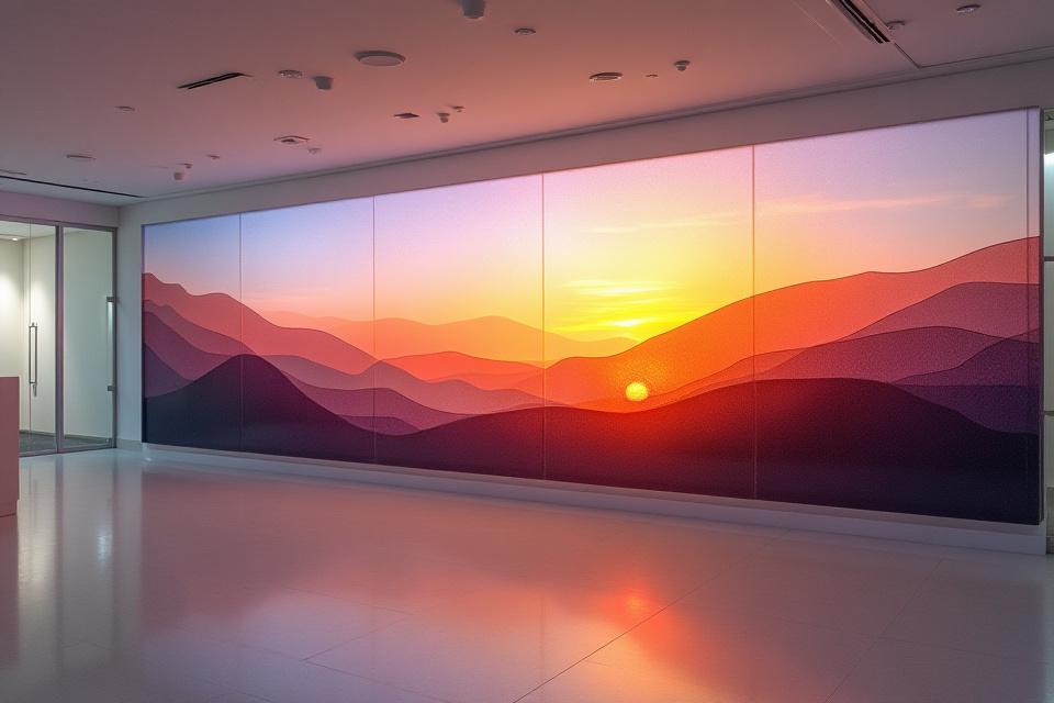 Large wall-mounted glass art installation depicting a prairie sunset, featuring warm oranges, deep purples, and soft blues in a hospital lobby.