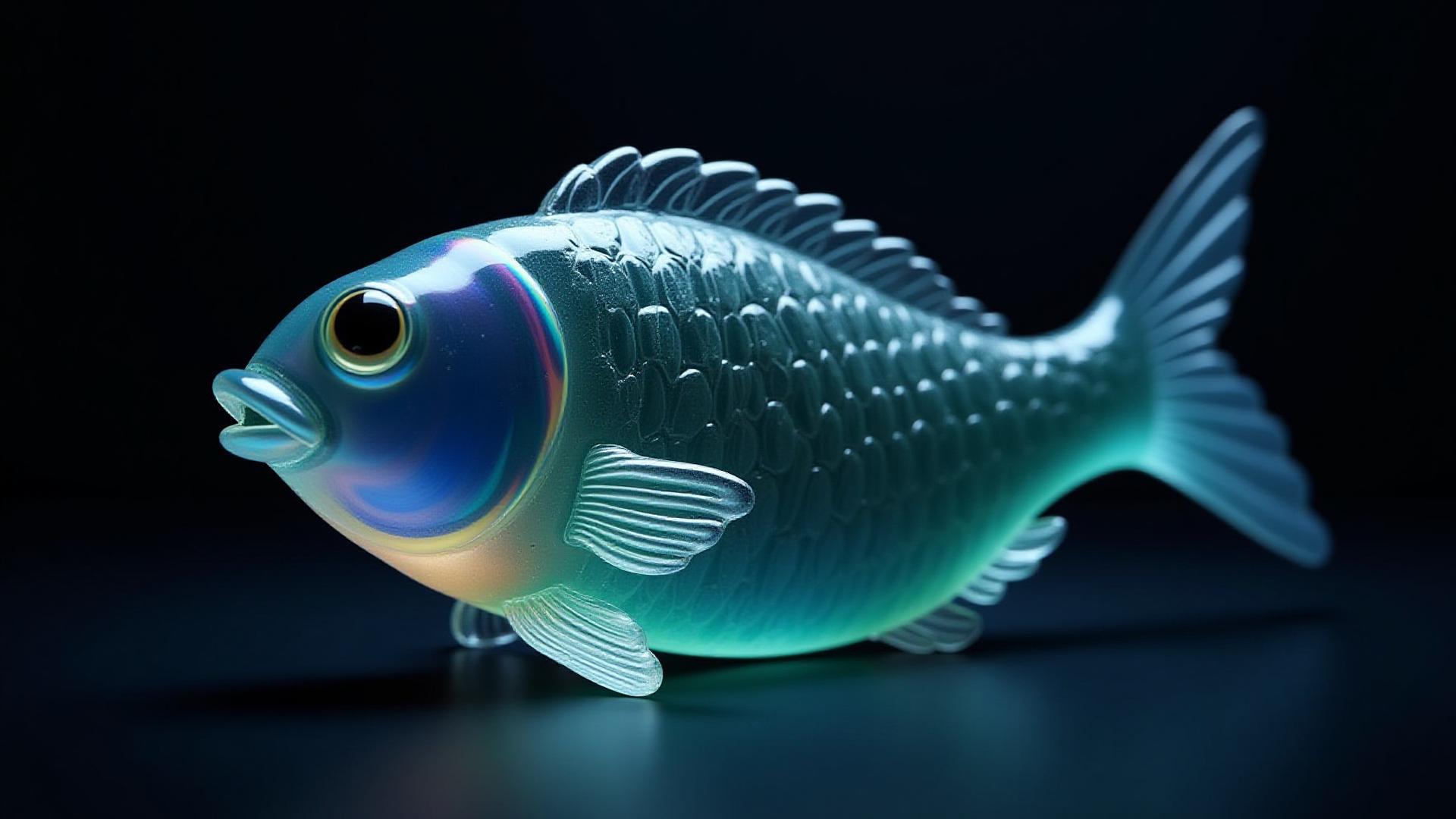 Dramatic close-up of a vibrant glass fish sculpture, illuminated to highlight its intricate form and translucent colors