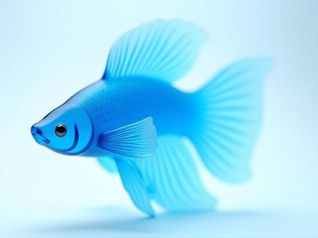 Close-up of a shimmering blue glass Betta fish sculpture with delicate fins