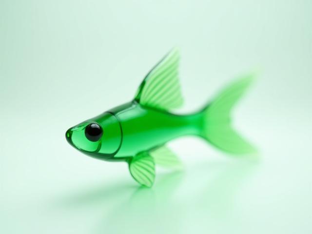 Small, vibrant emerald green glass guppy sculpture with intricate tail details