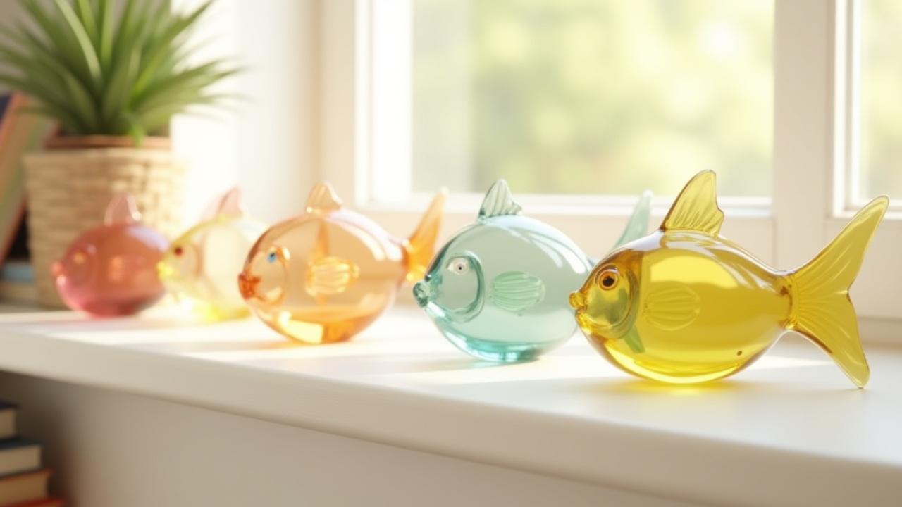 A collection of smaller glass fish sculptures artfully arranged on a minimalist bookshelf in a sunlit living room