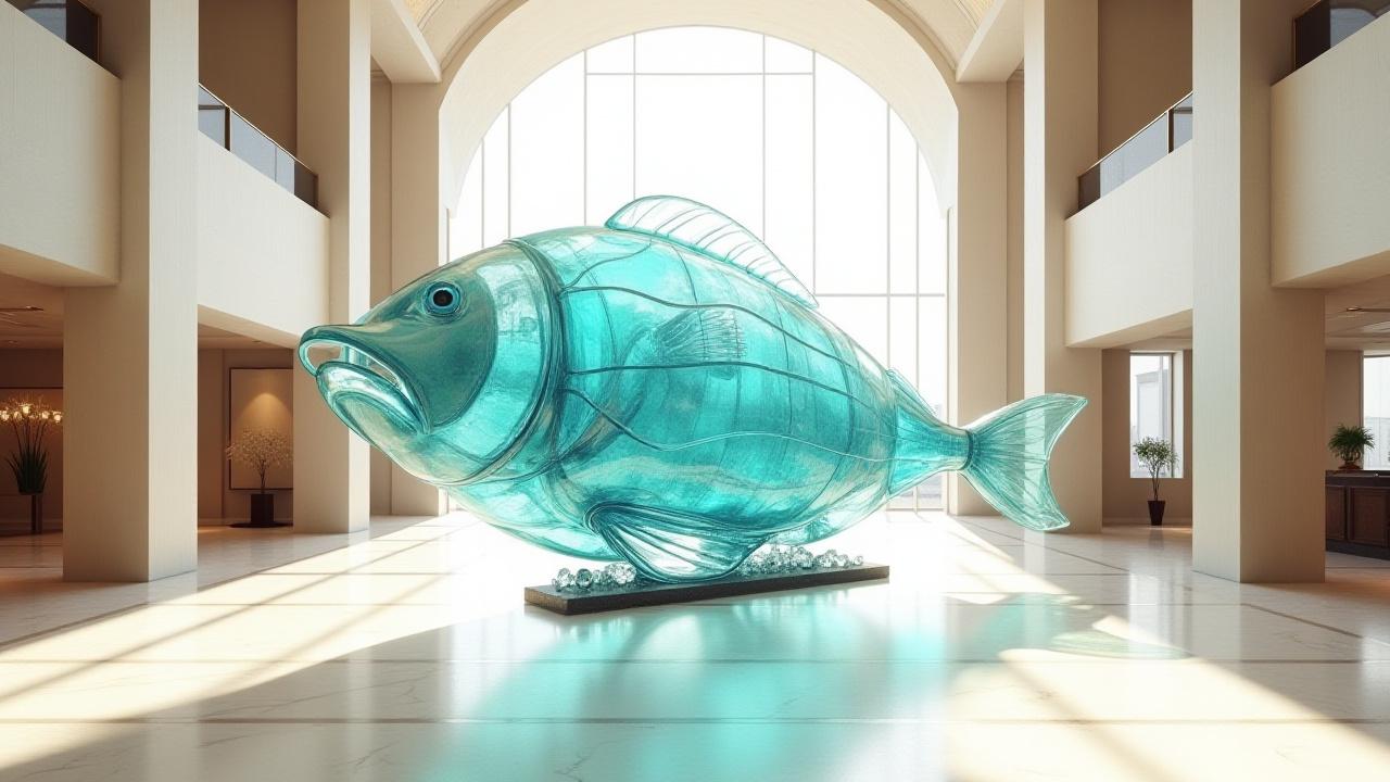A grand, large-scale glass fish sculpture as a centerpiece in a luxurious hotel lobby, catching natural light