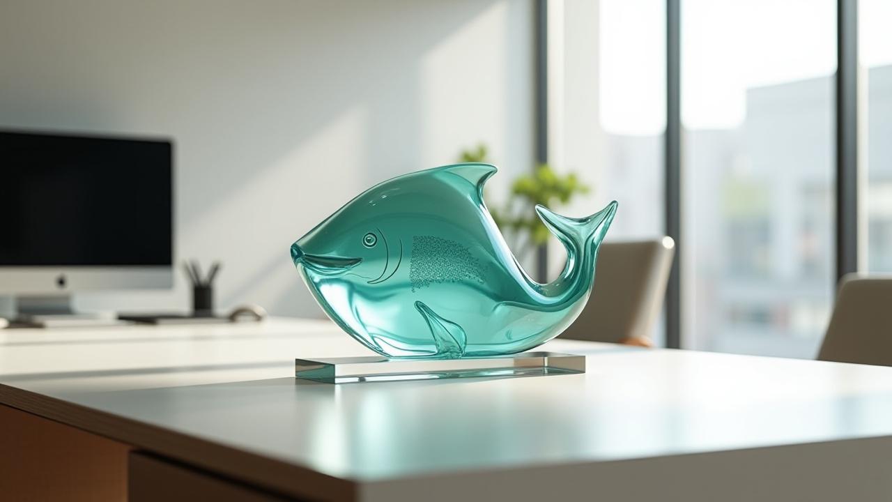 A sleek glass fish sculpture adorning a modern executive office desk, complementing the clean aesthetic
