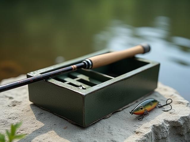 Sleek ceramic tackle organizer next to a fishing rod on a wooden dock at sunrise