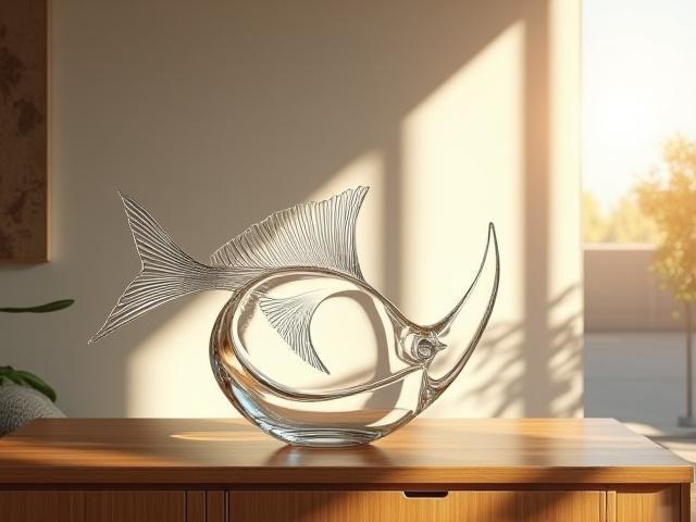 Stunning glass fish art piece on a mantelpiece in a tastefully decorated modern home