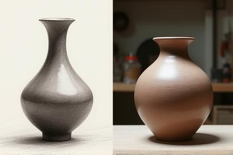A progression from a detailed charcoal sketch of an elegant ceramic vase to the finished, uniquely shaped vase in a studio setting.