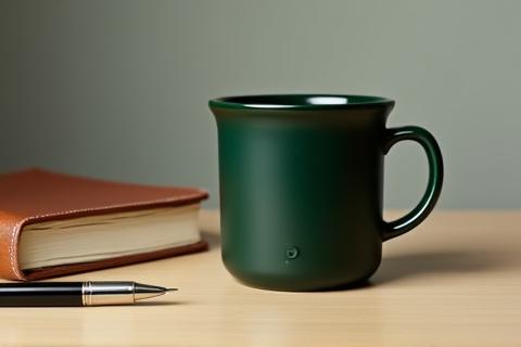 A ceramic mug with a subtle, debossed corporate logo near the base, sitting on a clean, professional desk.