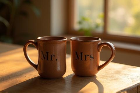 A pair of ceramic coffee mugs, one inscribed 'Mr.' and the other 'Mrs.', sitting on a rustic wooden table with soft lighting.