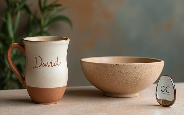 A collage of personalized pottery and glass items, including a ceramic mug with a custom name, a bowl with a wedding date, and a small glass sculpture with a subtle corporate logo.