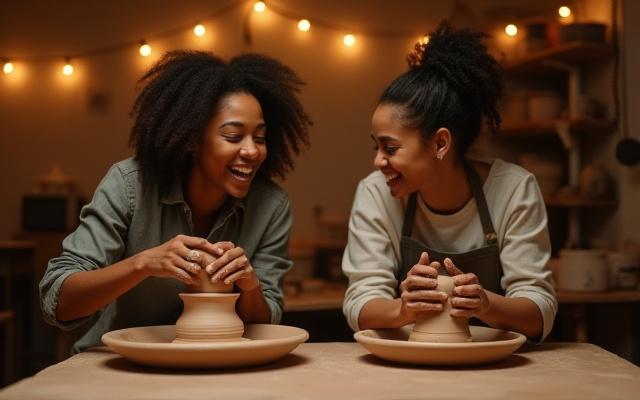 Couple laughing and trying out pottery together at a wheel
