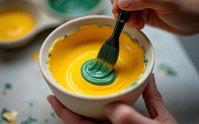 Painterly hand applying colorful glaze to a ceramic piece