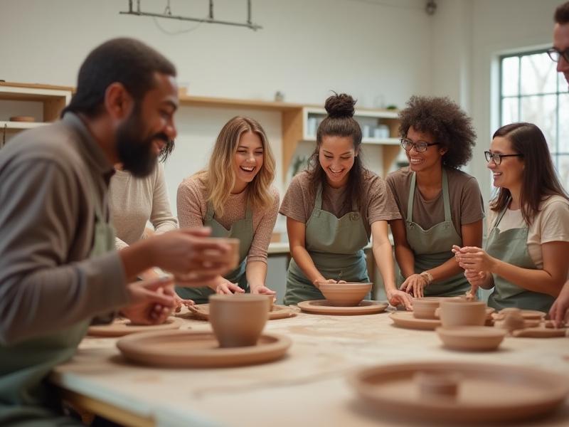 Group of diverse adults laughing and working with clay at tables in a bright studio