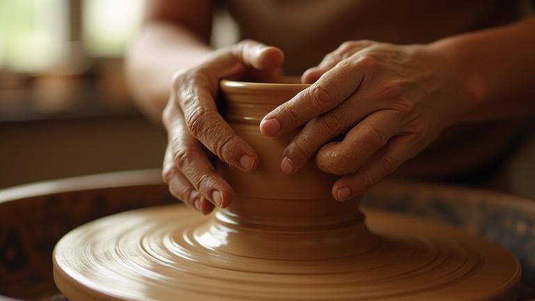 Close up of hands covered in clay working on a pottery wheel, a person smiling softly in the background