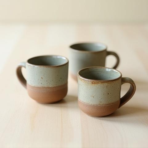 Collection of small, rustic ceramic mugs with textured finishes