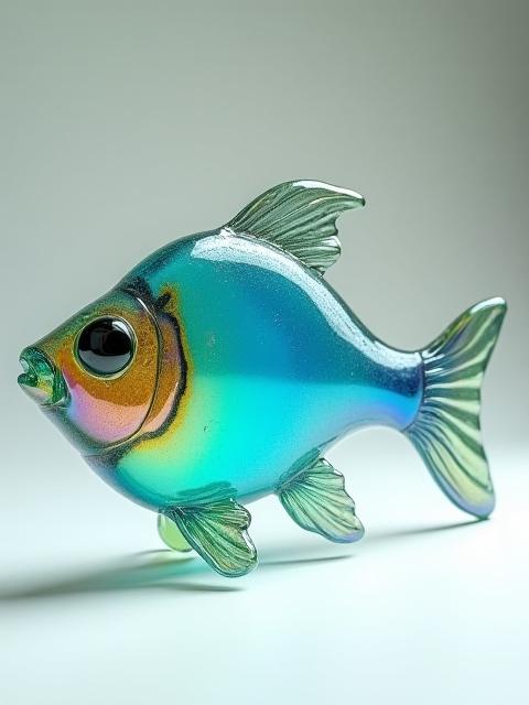 Vibrant glass fish sculpture with iridescent scales
