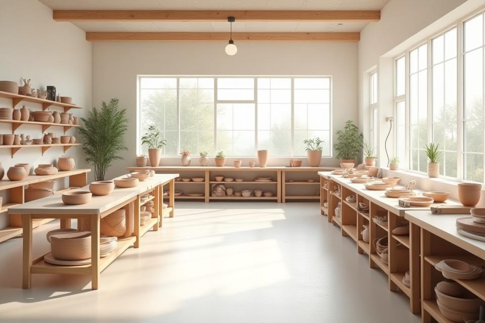 Bright, clean pottery studio interior with wheels, tools, and natural light