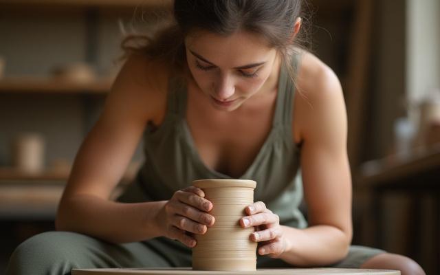 Student focused on a spinning pottery wheel, shaping clay